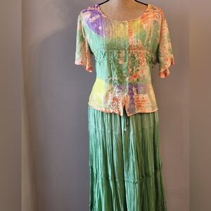 Fashion Fantasy Rayon Skirt Set In Green/Orange/Lavender Medium